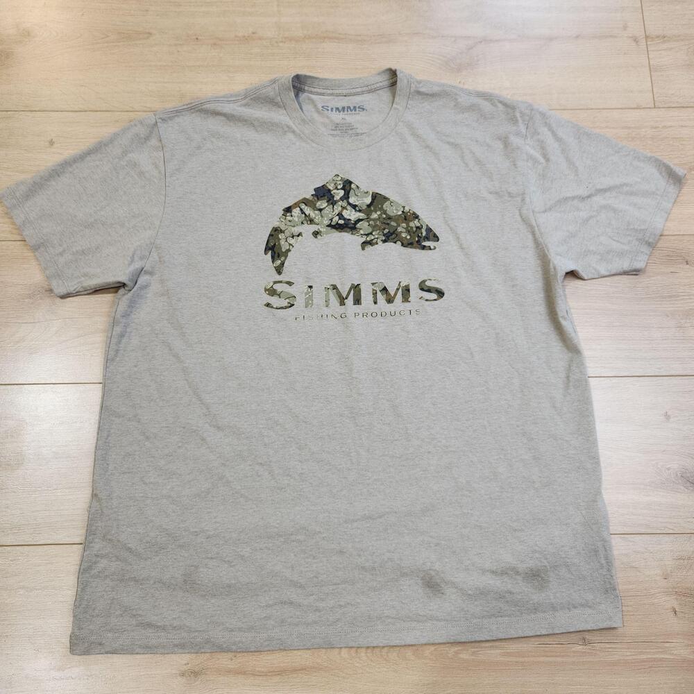 Simms Tee Shirt Mens XL Gray Camo Fish Logo Graphic Tee Tagless Fishing Products